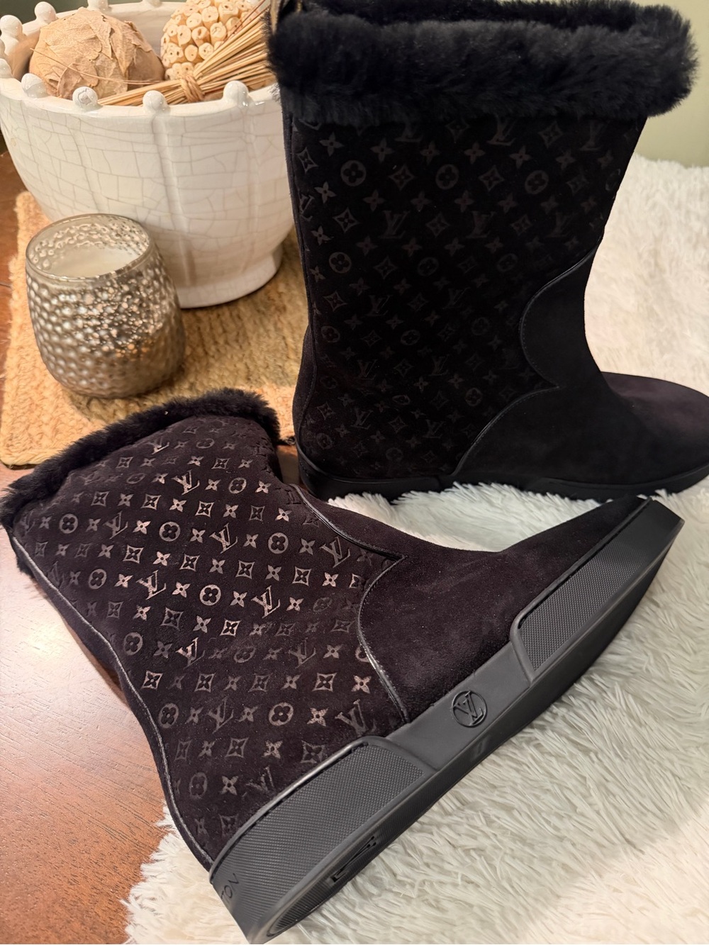 Louis Vuitton Black Monogram Suede Shearling Mid-Calf Boots